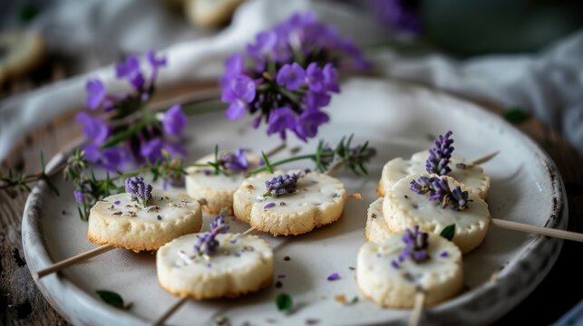 a plate of cookies with lavender sprinkles and toothpicks on a wooden table with purple flowers.