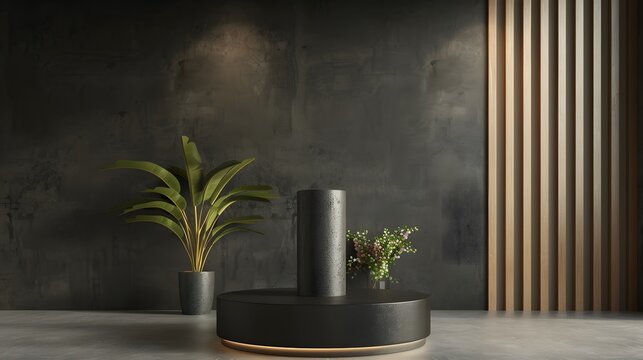 3d rendering of a dark and moody room with a spotlight on a black pedestal with a vase of flowers and a potted plant.
