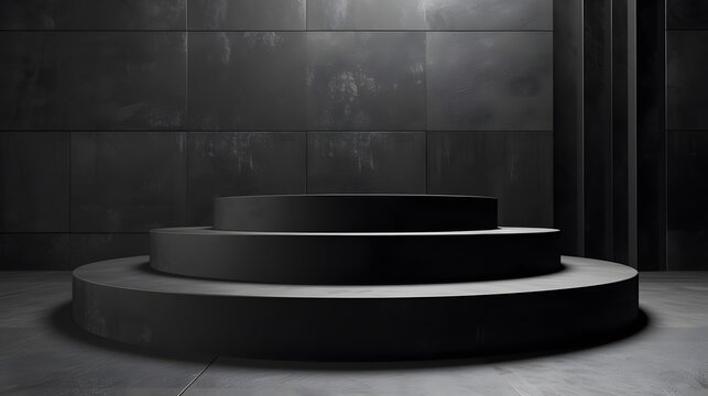 3D rendering of a dark and moody product display stage. The stage is made of black metal and has a spotlight shining down on it.