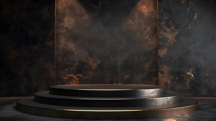 3D rendering of a dark and moody stage with a spotlight on an empty pedestal. The perfect backdrop for a product launch or other special event.