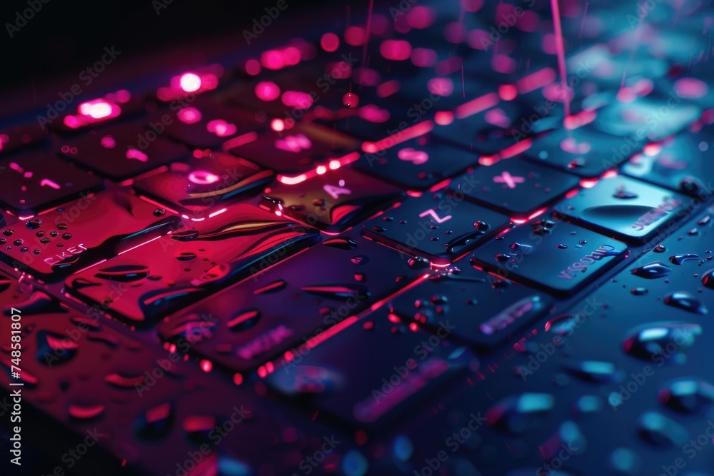 Poster close up of a keyboard with water droplets, suitable for technology concepts