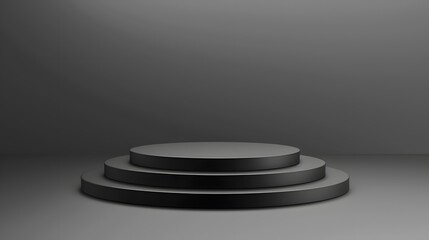 3D rendering of a black podium. The podium is made up of three steps and has a glossy finish. It is set against a dark background.