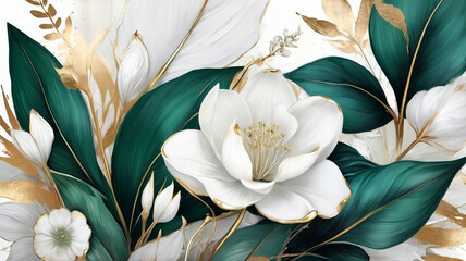 Abstract floral background with white, gold and green emerald colors