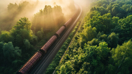 Cargo Train  summer morning forest fog sunrise Aerial view