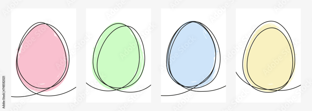 Poster Set of Easter Eggs. Line art. Continuous black line and color egg shapes for Easter holiday greetings and invitations. Vector illustration.
