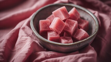 Fototapeta na wymiar a bowl full of cubes of watermelon on a pink cloth with a red cloth in the background.
