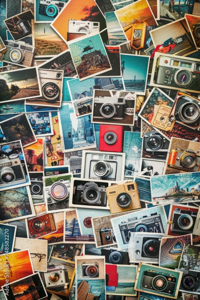 Poster a pile of old photos with a camera on top. perfect for nostalgic projects