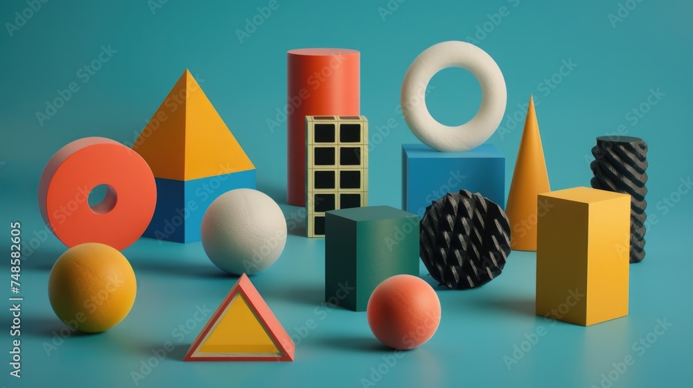 Poster various geometric shapes on a blue background. suitable for design projects
