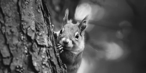 Stof per meter A black and white photo of a curious squirrel peeking out of a tree. Great for nature and wildlife themes © Fotograf