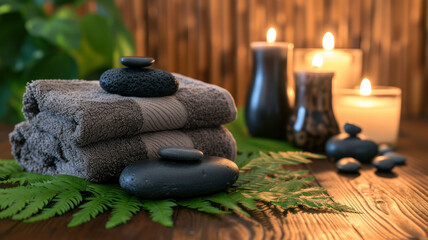 Towel fern candles black hot stone wooden background spa treatment relax concept copy spa