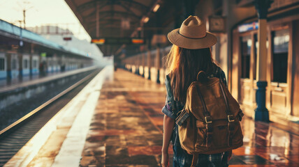 Fototapeta na wymiar Young asian woman traveler with backpack in the railway,