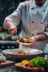Obraz na płótnie Canvas A chef adding seasoning to a bowl of food. Perfect for food blogs or restaurant menus