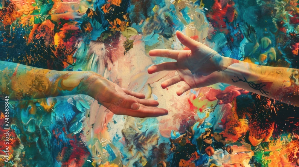 Poster Two hands reaching towards each other, symbolizing unity and connection. Suitable for concepts of teamwork and support