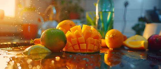 
Healthy eating food and diet concept close up of fresh juice for kids with orange mango and carrots - obrazy, fototapety, plakaty