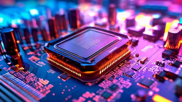 Generic digital technology illustration, bright colored neon illuminated