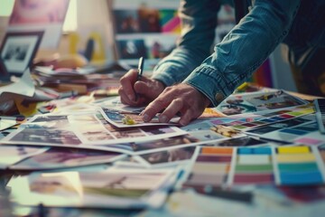 Person sitting at a table with a collection of photos. Suitable for various projects