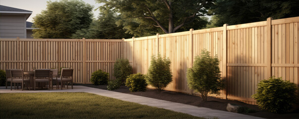 Backyard privacy fence. Fence bulid from wood. Private property.