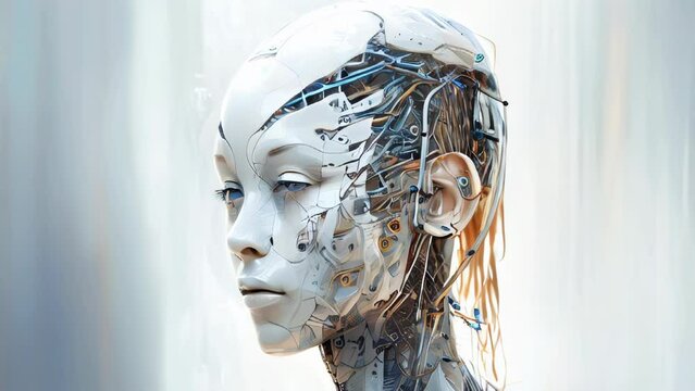 Illustration of a beautiful female android head. Robotic and artificial intelligence concept.