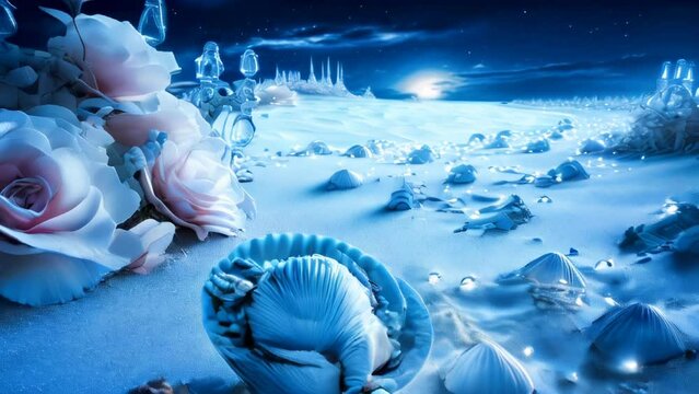 Dream landscape on a sandy beach with shells, flowers, pearls and little luminous glass spheres. Dream and meditation concept.