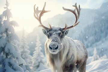 Mystical Reindeer winter forest. Deer animal. Generate Ai