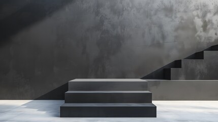 Black concrete stairs and podium on white concrete floor with dark wall background. Minimalistic geometric shapes. 3d rendering illustration.