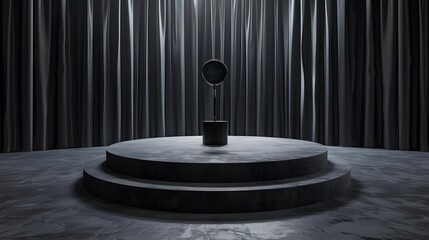 3D rendering of a stage with a microphone on it. The stage is made of black marble and has two steps.