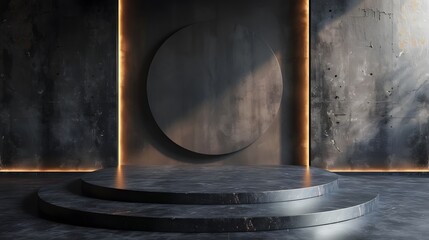 3D rendering of a dark and moody room with a spotlight on a marble podium. The room is made of dark marble and has a large round window.