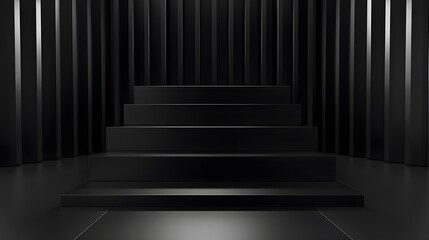 3D rendering of a black podium with steps. The podium is located in a dark room with black walls. The podium is lit by a spotlight.