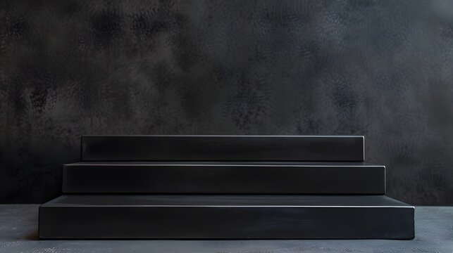 Black podium on a black background. Pedestal for displaying products. 3D rendering.