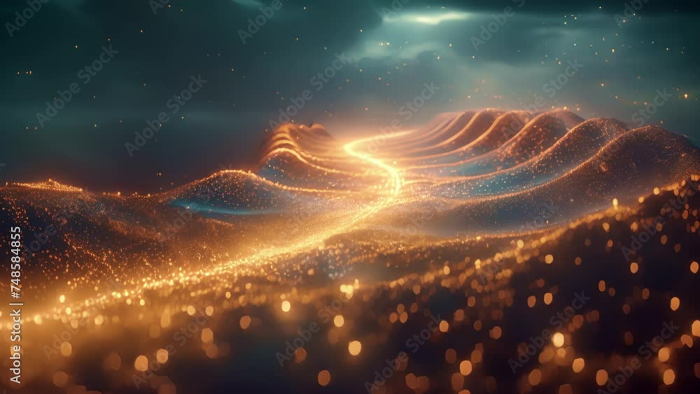 Poster a panoramic view of an abstract landscape reveals a network of glowing interconnected roads highways