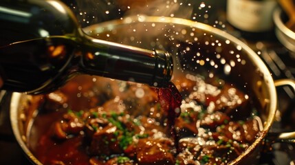 Person pouring wine into a pot of food. Suitable for food and cooking concepts