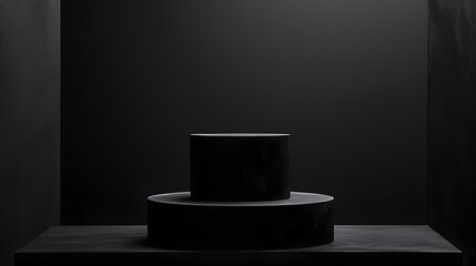 Black podium on a black background. 3D rendering.