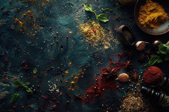 A table with various spices and herbs, perfect for culinary themes