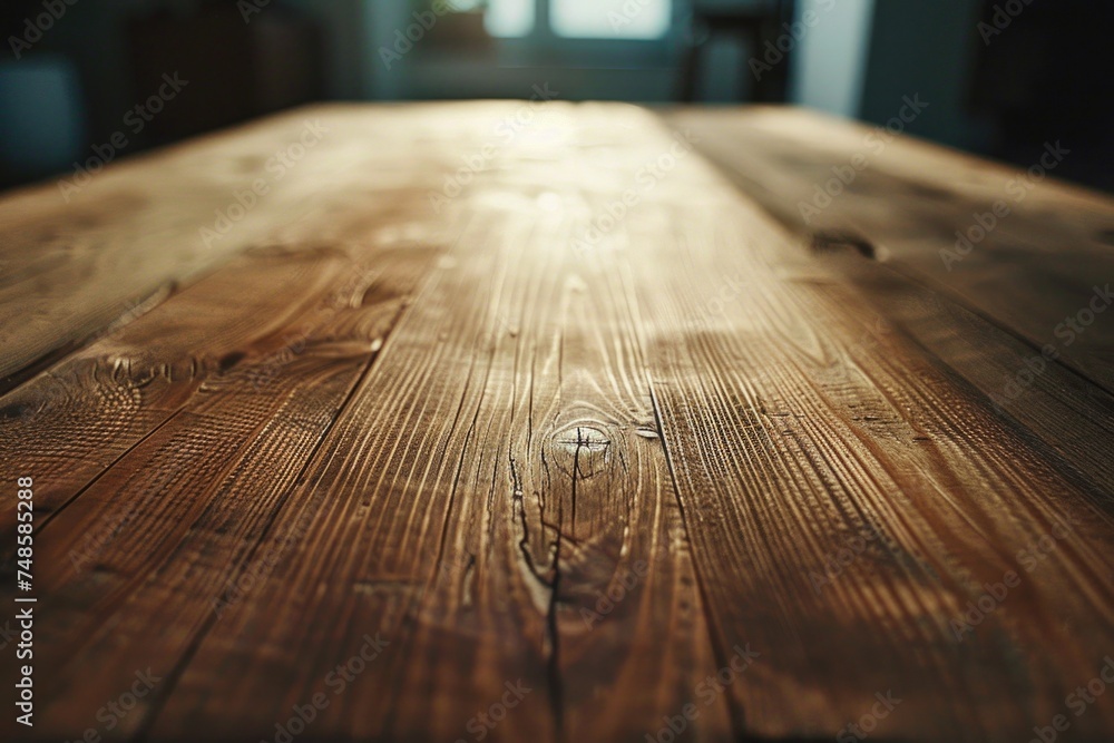 Poster close-up of a wooden table with a window in the background. suitable for various interior design con