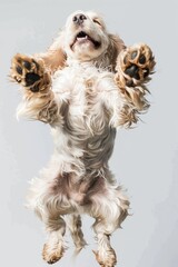 A dog jumping up in the air with its paws raised. Suitable for pet training or playful concept