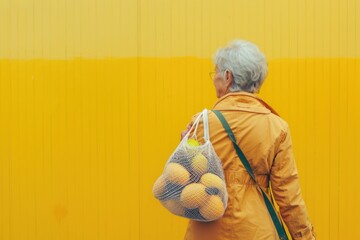 A woman holding a bag of oranges in front of a bright yellow wall. Perfect for food and healthy...