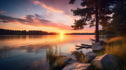 Lake Scenery: Sunset Glow | Generative AI	
