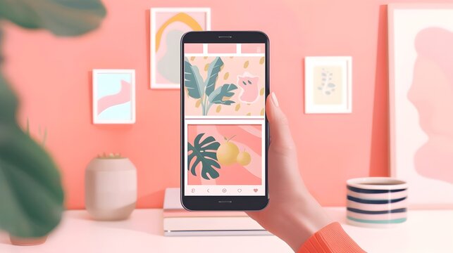 A hand holding a smartphone with a pink background. The smartphone is displaying a photo of a plant.