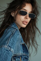 Naklejka premium Stylish woman wearing sunglasses and denim jacket. Perfect for fashion blogs or magazines