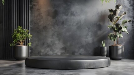 A dark and moody product display with a concrete podium and plants. The perfect backdrop for your next product launch.