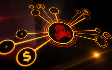 Cyber attack with skull symbol digital concept 3d illustration