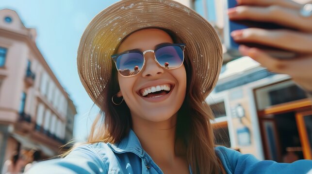 Young attractive woman wearing hat and sunglasses smiling and taking selfie on the street