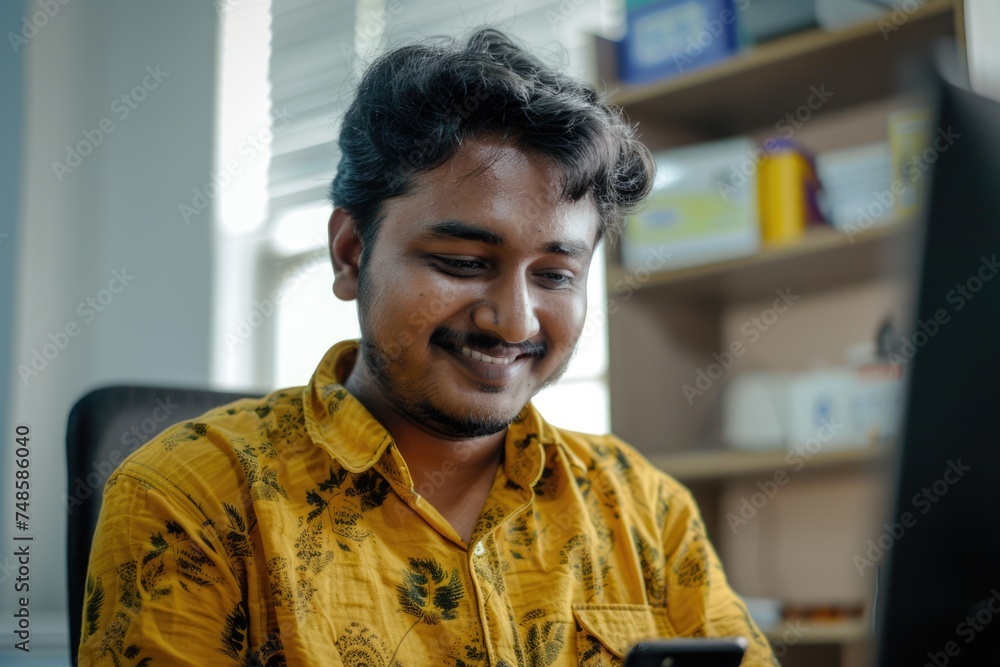 Poster a man sitting at a computer desk, looking at his cell phone. suitable for technology and communicati