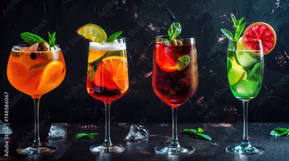 Poster Row of four glasses filled with different types of drinks. Suitable for beverage concepts