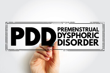PDD Premenstrual Dysphoric Disorder - mood disorder characterized by emotional, cognitive, and physical symptoms during the luteal phase of the menstrual cycle, acronym text stamp - obrazy, fototapety, plakaty