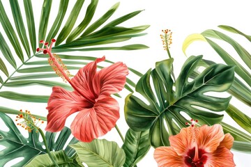 Vibrant tropical leaves and flowers on a white background. Perfect for tropical themed designs