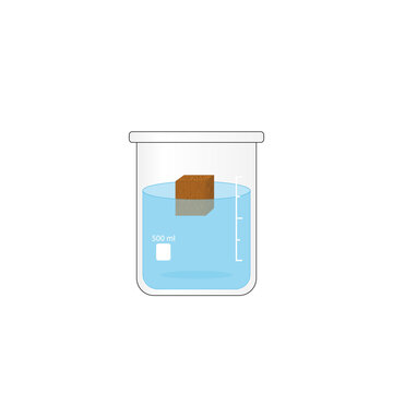 Archimedes Principle, Buoyancy force. Density Measurement. Floating or sinking in water. Wood, experiment with a beaker of water. Vector scientific illustration.