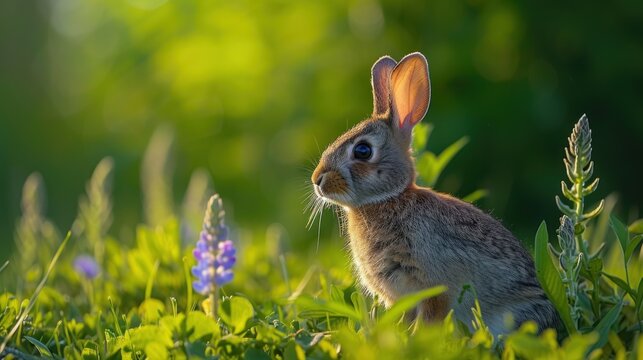 a rabbit sitting in the grass with a flower in the foreground and a blurry background of the grass and flowers in the foreground.