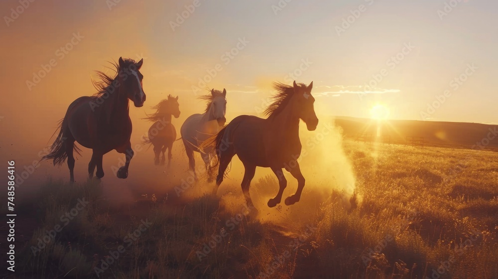 Poster a group of horses running across a field. suitable for equestrian events promotion