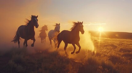 A group of horses running across a field. Suitable for equestrian events promotion - obrazy, fototapety, plakaty